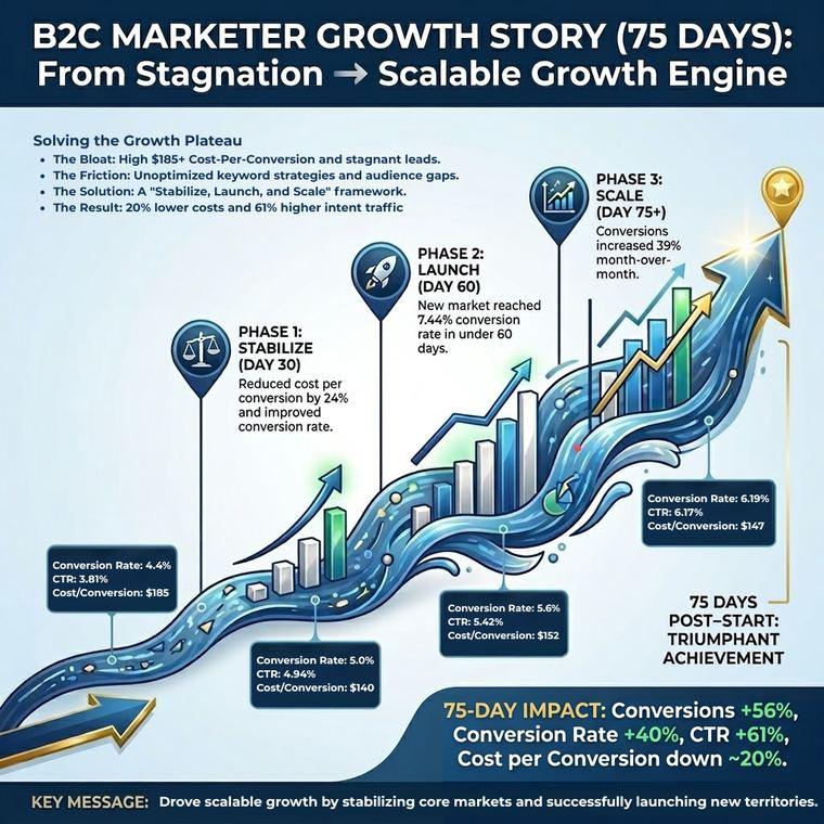 Infographic: home services multi-market client 75-day growth story. Conversions up 56%, conversion rate up 40%, CTR up 61%, cost per conversion down 20%